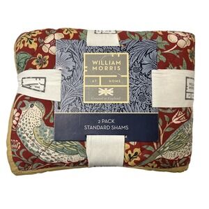 William Morris Standard Pillow Sham Set Strawberry Thief Red Quilted Percale